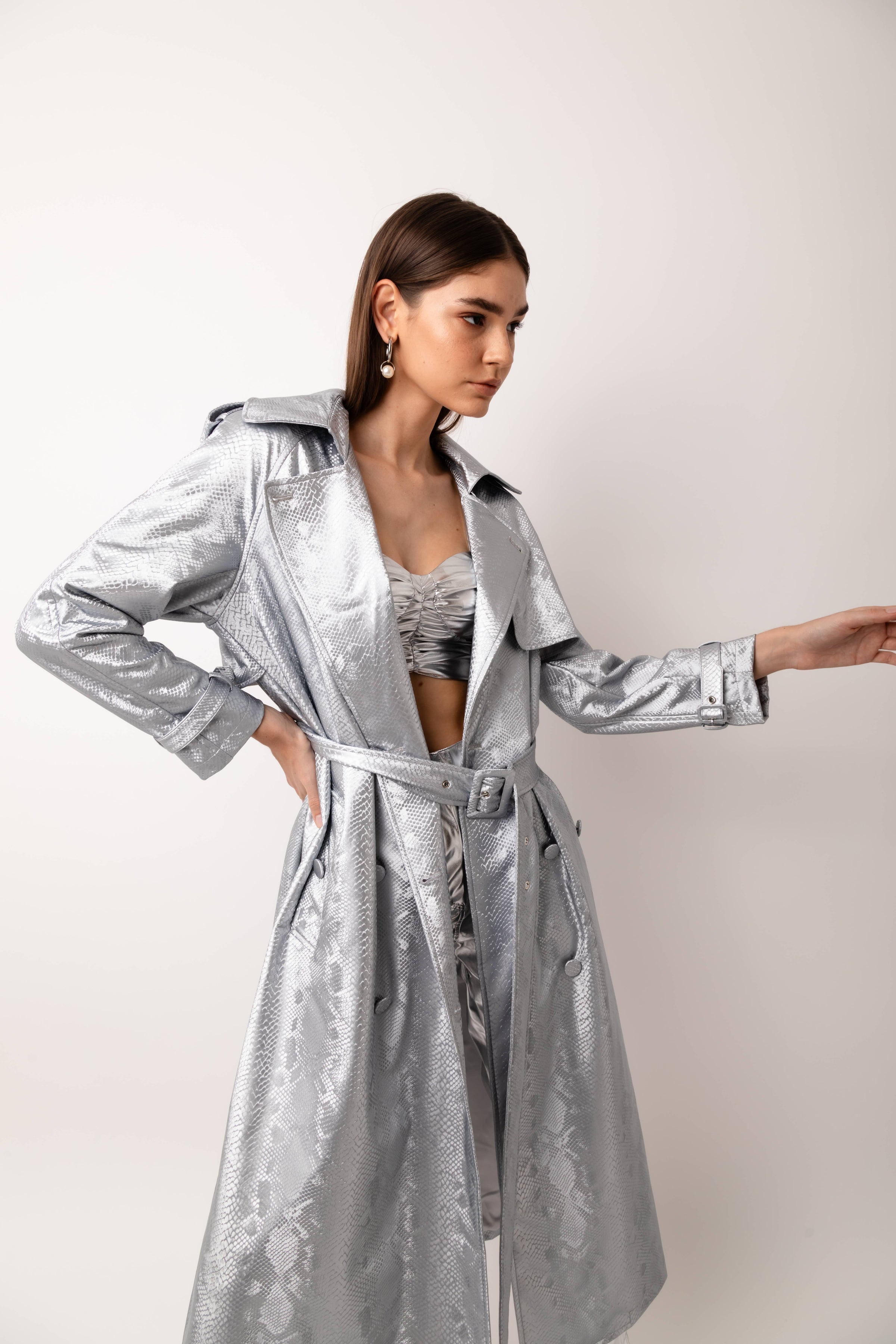 silver dress coat JAYLEY Silver Trench Coat with Belt